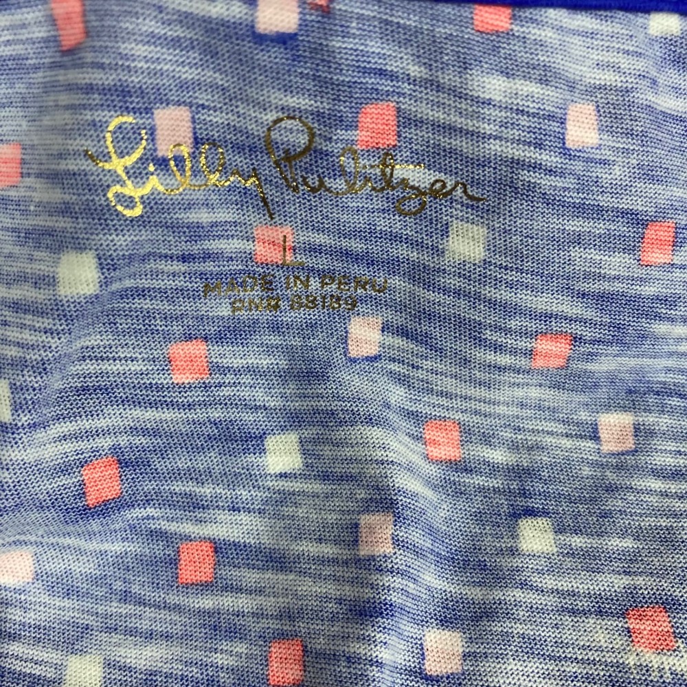 Lilly Pulitzer Womens Blue Pink Square Print V-Neck Cotton Slub Tee L - Picture 2 of 7